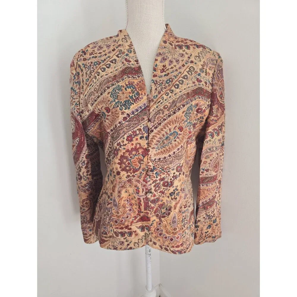 Adrianna Papell Silk Brown Floral Paisley Button Boho Vintage Jacket Blouse 10 M - Picture 2 of 12